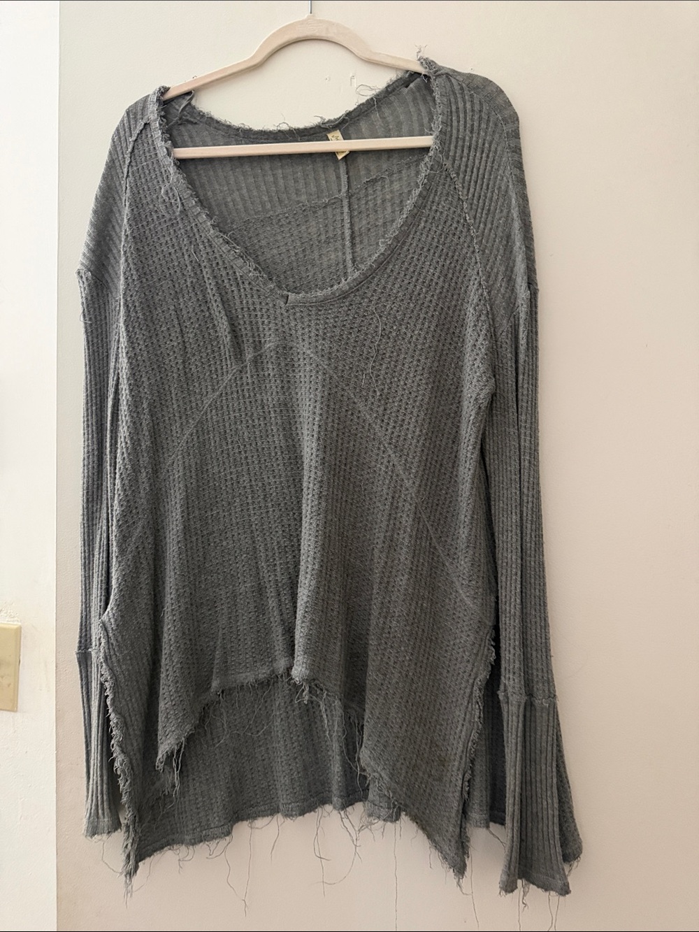 Free People Distressed Waffle-Knit Scoop Neck Pullover in Gray
